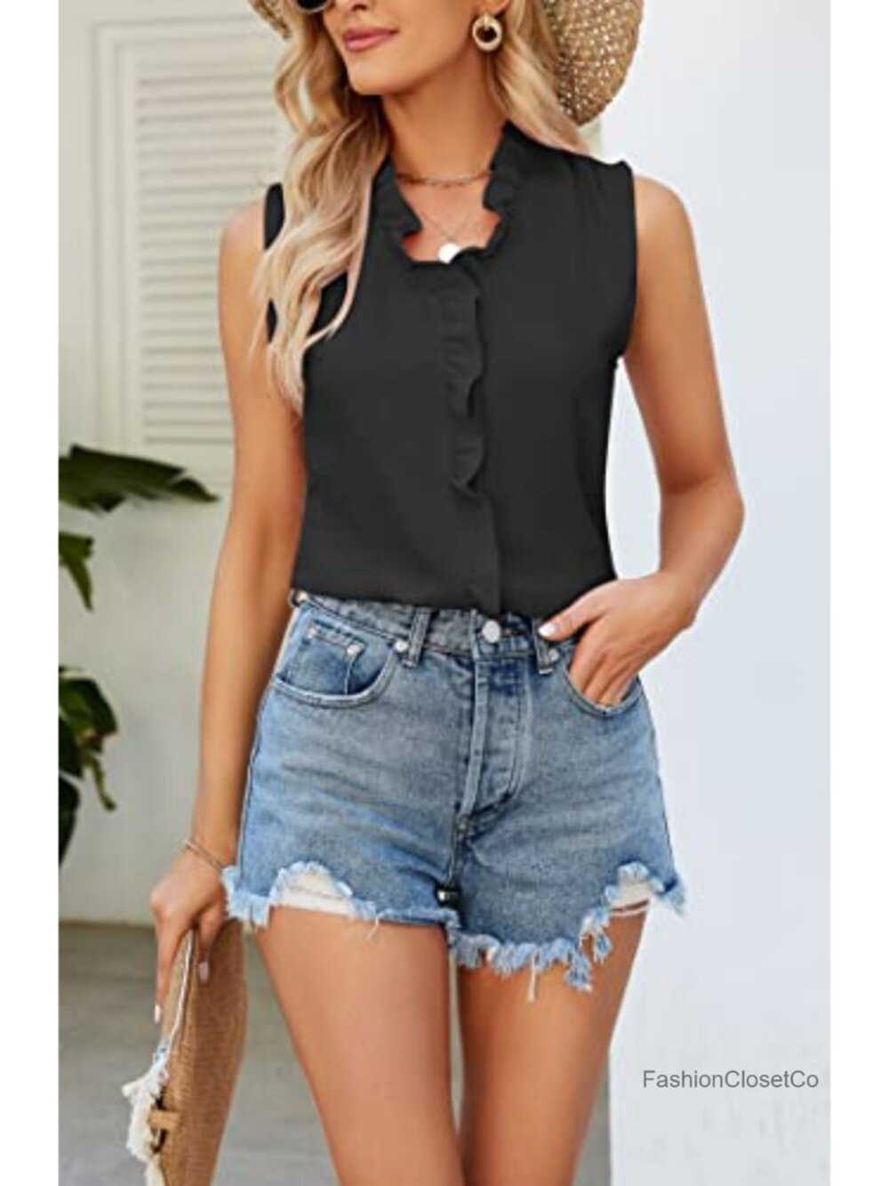 Women's Ruffle Tank Top V Neck Sleeveless Blouse with Button Front - Picture 3 of 6